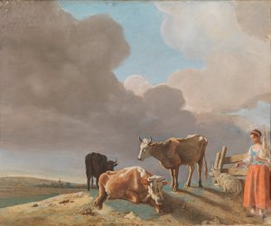 牛、羊、羊飼いのいる風景 作： Jean Étienne Liotard